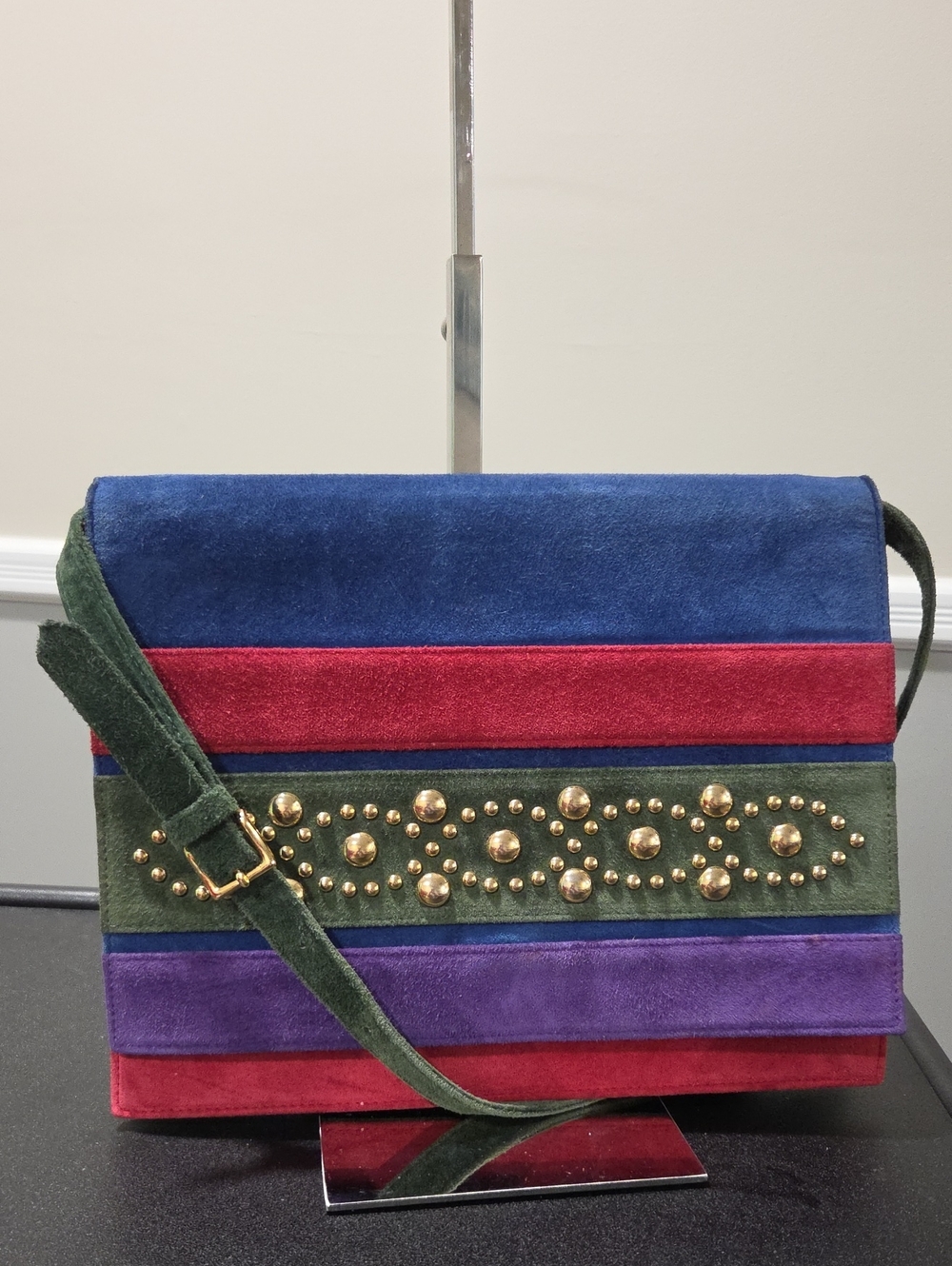 YSL Vintage Multicolor Suede Studded Crossbody Bag - Blue/Red/Green/Purple